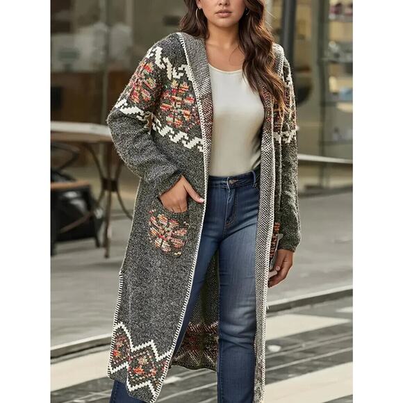 Sweater Womens Plus Cardigan Gray Hooded Long Duster Aztec Pockets - Picture 2 of 6